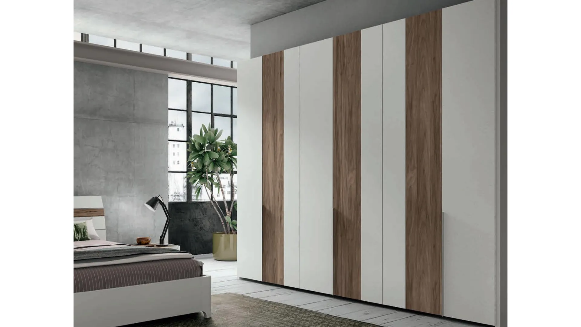 Armadio moderno con ante battenti Step in melaminico cemento bianco e noce chiaro di Artigianmobili