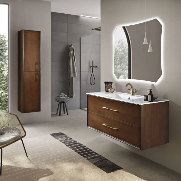 Mobile da Bagno sospeso Classic finitura Noce chiaro con maniglia brunita di Bluelife