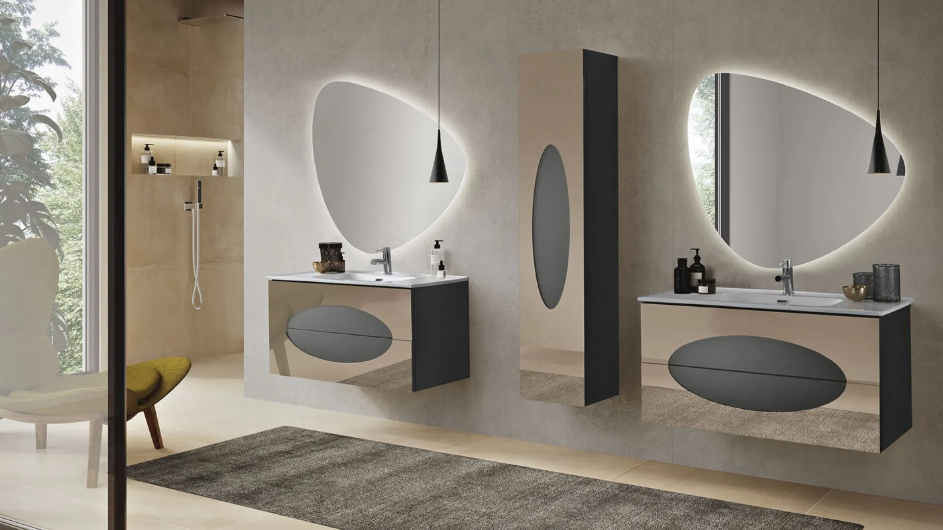 Mobile da Bagno sospeso Lia in laccato Antracite con inserti in Specchio Bronzo di Bluelife