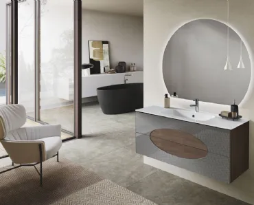 Mobile da Bagno sospeso Lia in melaminico Noce Americano con inserti in Specchio Fumè di Bluelife