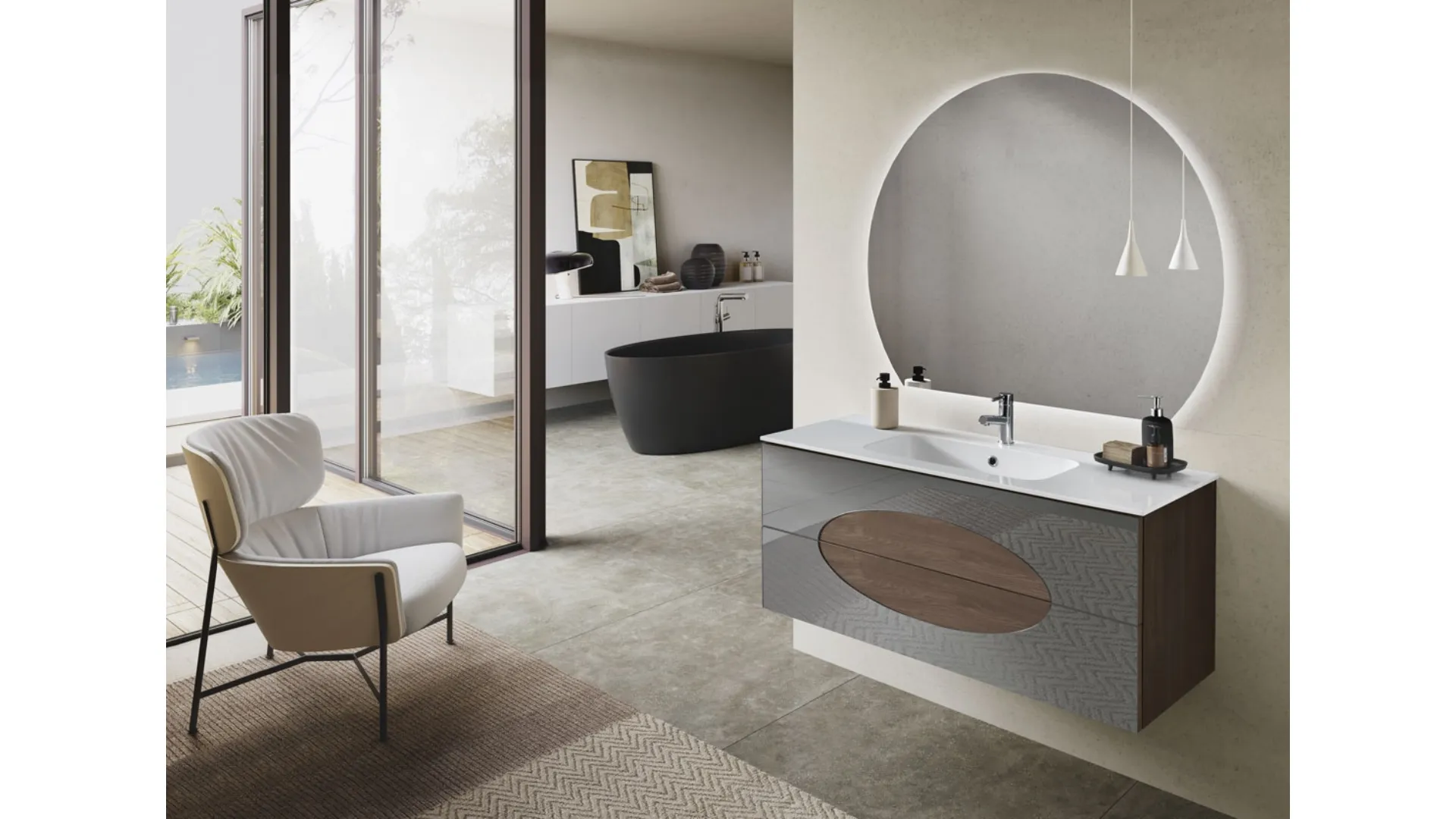 Mobile da Bagno sospeso Lia in melaminico Noce Americano con inserti in Specchio Fumè di Bluelife