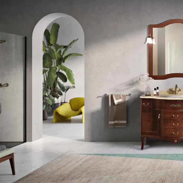 Mobile da Bagno London a due ante e 3 cassetti in Noce con top in marmo Giallo Ambra Egizio di Bluelife