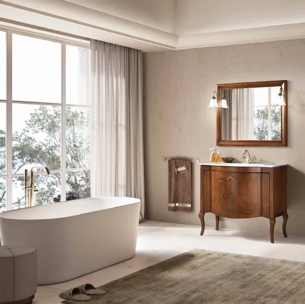 Mobile da Bagno a terra Martina finitura Noce chiaro, maniglia brunita con Swarovski e lavabo in ceramica di Bluelife