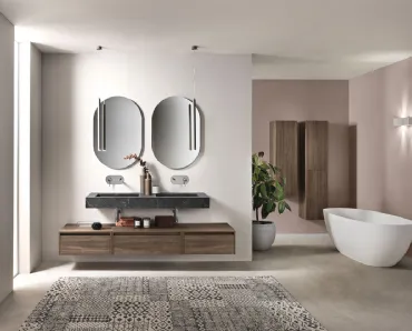 Mobile da Bagno sospeso Piave in nobilitato Noce Americano con top in HPL Marmo Nero Marquinia di Bluelife
