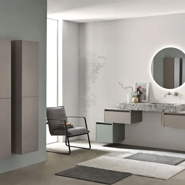 Mobile da Bagno sospeso Piave in nobilitato Tortora e Verde frassinato con top in HPL Ceppo di Grè con lavabo integrato di Bluelife