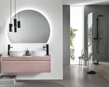 Mobile da Bagno Rio in PVC cannettato Rosa Polvere con 2 lavabi in ceramica di Bluelife