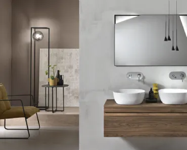 Mobile da Bagno sospeso Rio in PVC cannettato finitura Tek con due lavabi in ceramica di Bluelife
