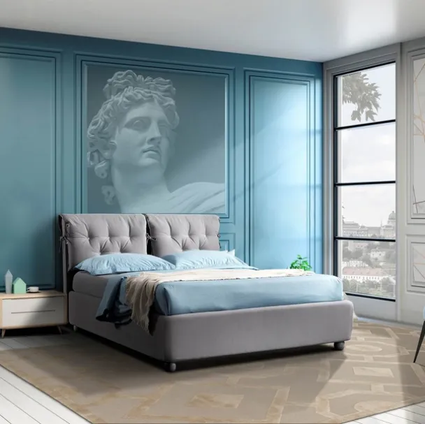 Letto in tessuto grigio con testiera separata in lavorazione capitonnè Flor di Artigianaletti