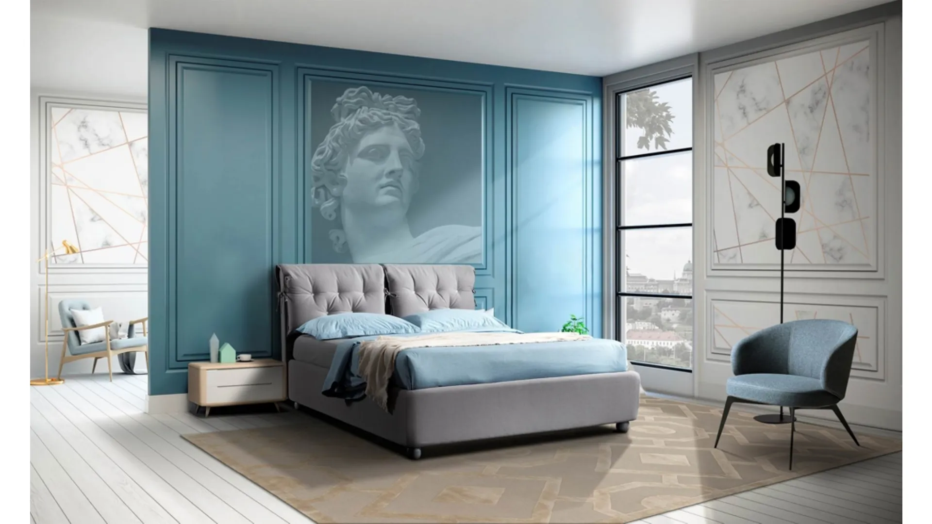 Letto in tessuto grigio con testiera separata in lavorazione capitonnè Flor di Artigianaletti