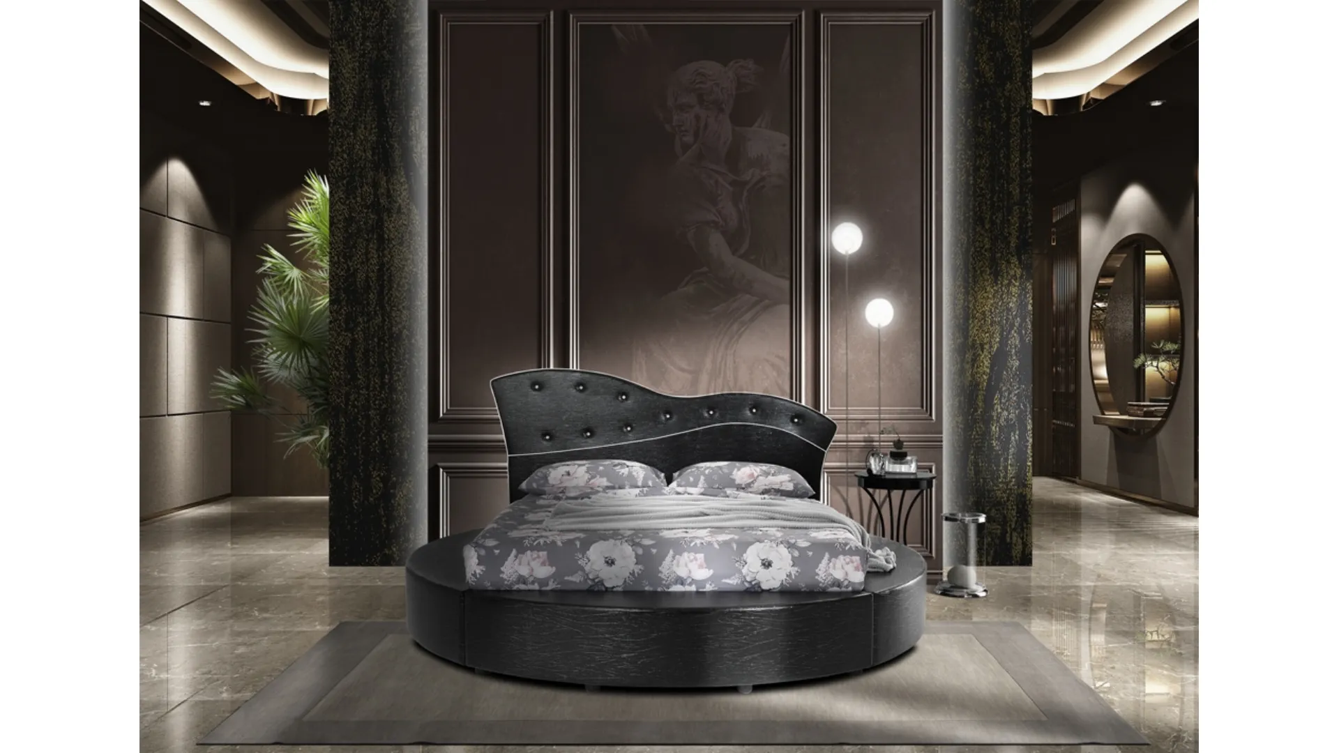 Letto rotondo in ecopelle scura e bottoni chiari Tondo di Artigianaletti