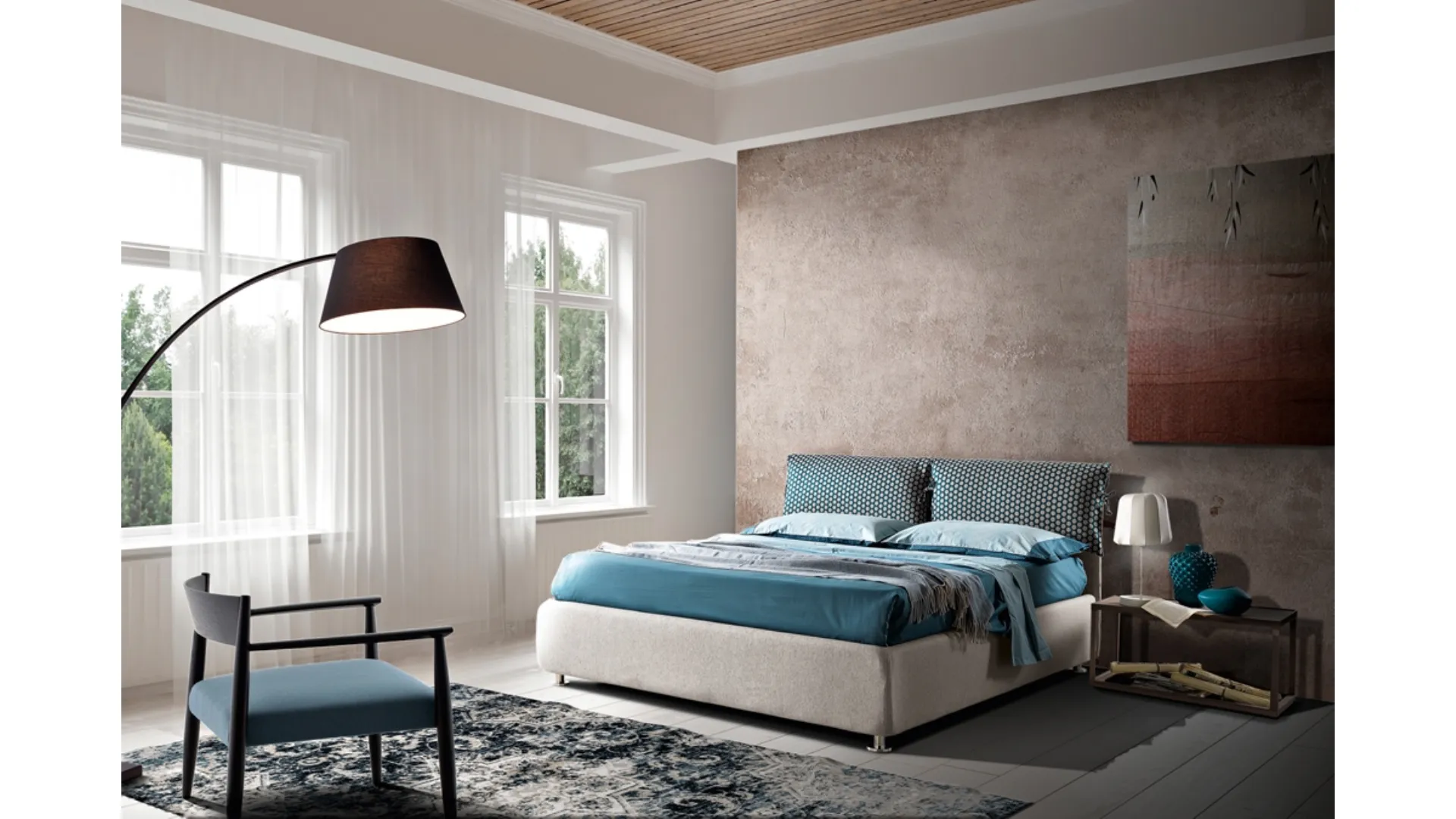Letto con testiera composta da 2 grandi guanciali poggiatesta in tessuto imbottito Viola di Artigianaletti