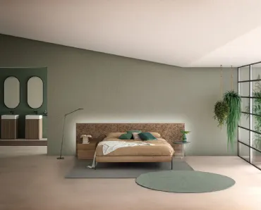 Letto Zen Elegance Grey in legno massello di Rovere con testiera decorata di Devina Nais