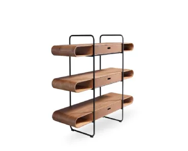 Libreria Apelle in metallo con ripiani in legno e cassetti in cuoio di Midj