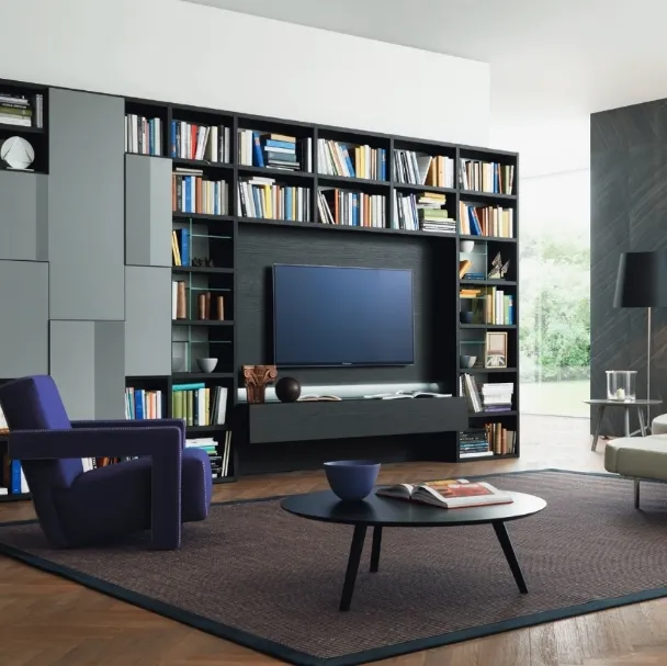 Libreria con vano porta TV Modo M6C72 in laccato opaco e Rovere carbone di Sangiacomo