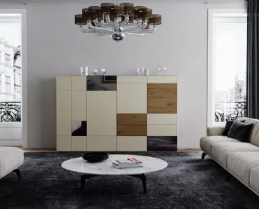 Madia Alta Titolo 106 in laccato opaco con inserti in legno e vetro di Artigianmobili