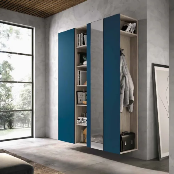 Mobile ingresso Mini 308 in laccato blu opaco, rovere cenere e specchio argento di Artigianmobili