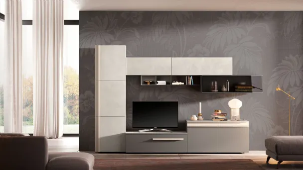 Parete Attrezzata Abaco Day composizione 18 finitura Calce e Grigio Londra di Gierre Mobili