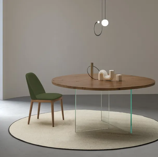 Tavolo Smart Rotondo con piano in legno e base in vetro trasparente di Devina Nais