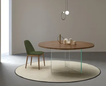 Tavolo Smart Rotondo con piano in legno e base in vetro trasparente di Devina Nais