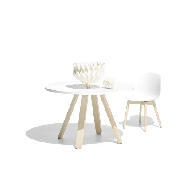 Tavolo rotondo in laminato bianco e base in legno di faggio sbiancato Stecco di Connubia