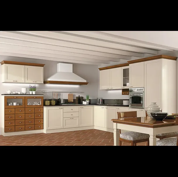 Cucina Classica angolare bicolore in laccato opaco e legno naturale I Ciliegi composizione 04 di Le Fablier