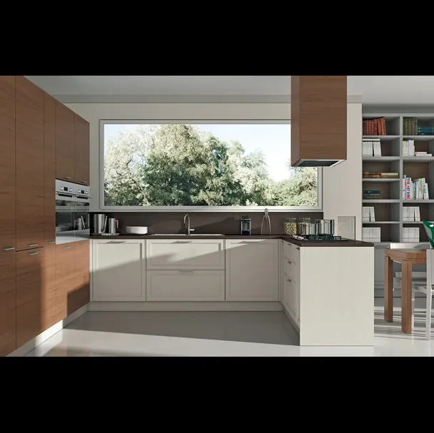 Cucina Moderna con penisola bicolore in laccato bianco opaco e legno naturale Melograno composizione 05 di Le Fablier