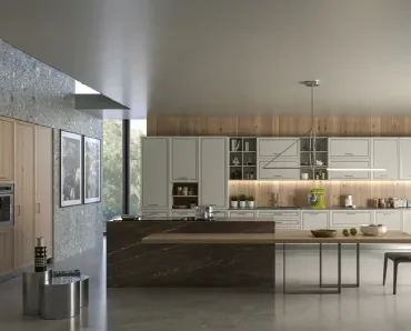 Cucina Moderna in legno laccato con isola in gres Melograno Olimpica di Le Fablier