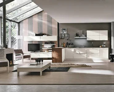 Cucina su misura con penisola in legno laccato Melograno composizione 02 di Le Fablier